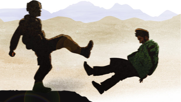 A special forces solider kicks Afghan prisoner Ali Jan. Illustration by Matt Davidson based on eyewitness account.