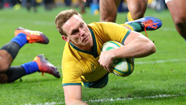 Dane Haylett-Petty scores a try for the Wallabies against Samoa at Bankwest Stadium last Saturday. 