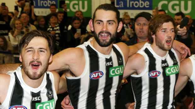 Pies star Brodie Grundy (centre) is bemused with the early contract speculation.