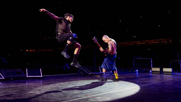 Forceful when unleashed: Anthony Kiedis and Flea at Accor Stadium.