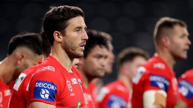 Ben Hunt and the Dragons look on after conceding another try.