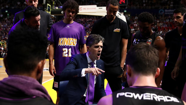 Will Weaver talks to his team during a time-out during the Kings' impressive defeat of Melbourne United at Qudos Bank Arena.