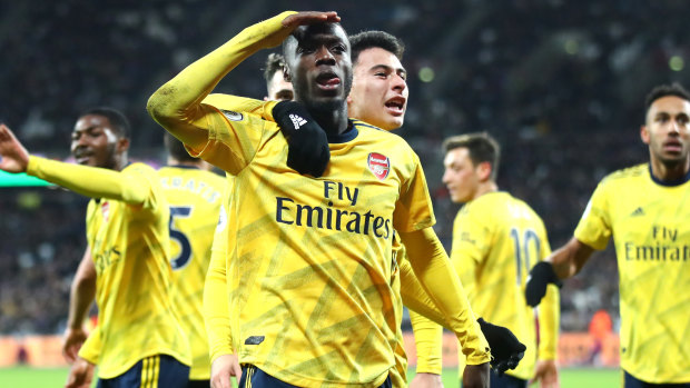 Nicolas Pepe celebrates his goal against West Ham United.