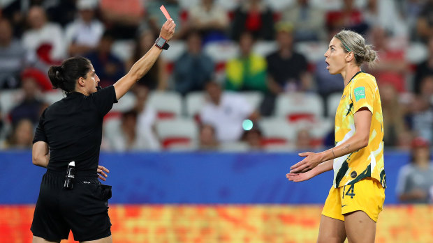 Painful memory: Alanna Kennedy is shown a red card against Norway in the Women’s World Cup.
