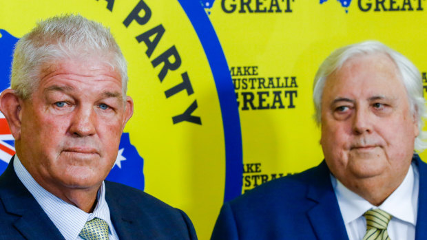 Former rugby league player Greg Dowling (left), who is running for Townsville mayor as an independent, was a candidate for Clive Palmer's political party in the Townsville seat of Herbert at the last federal election.