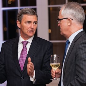 Huawei director John Brumby with then Communications Minister Malcolm Turnbull at an event to celebrate the 10-year anniversary of Huawei's operations in Australia in 2014.