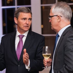 Huawei director John Brumby with then Communications Minister Malcolm Turnbull at an event to celebrate the 10-year anniversary of Huawei's operations in Australia in 2014.