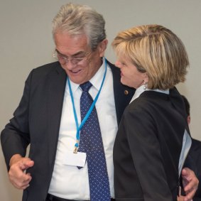 That was then: Foreign Minister Julie Bishop hugs then Marshall Islands minister Tony de Brum at the Paris climate summit.