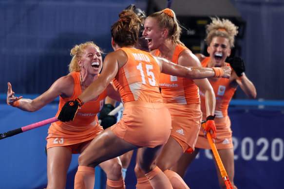 Margot van Geffen of Team Netherlands celebrates with teammates after scoring their team’s first goal.