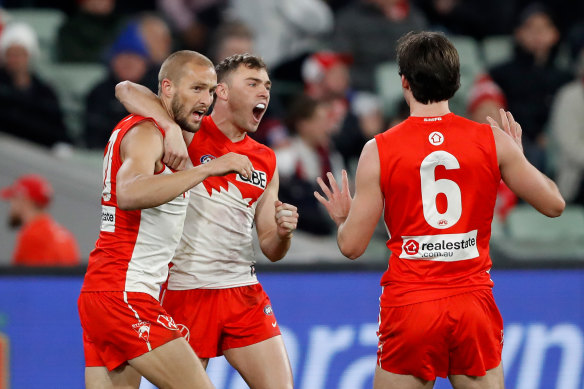 Sam Reid celebrates a goal with Will Hayward before being subbed out of last Saturday’s preliminary final. 