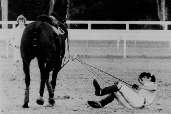 Prince Charles takes a fall at Warwick Farm in 1983 in front of a crowd of 10,000 Australians. He was unhurt and later joked about the incident.