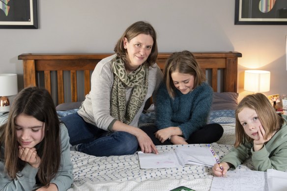 Lactation consultant Rowena Gray supports her daughters Emily, 13, Rebecca, 10 and Natalie, 8, with home schooling - and everything else - after her husband, Dan, died in December 2020.