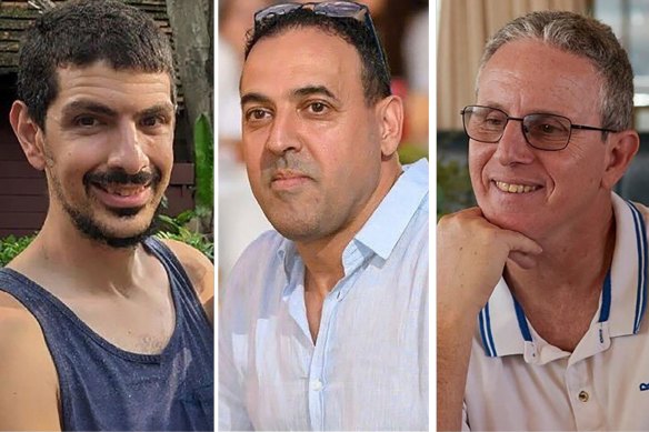 Or Levy, Eli Sharabi and Ohad Ben Ami, all of whom were abducted and brought to Gaza on October 7, 2023