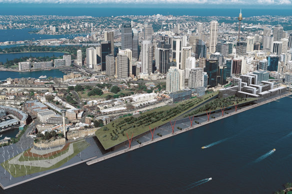 Smart Design Studios worked with Sydney artist Jennifer Turpin on the proposal.  It has a wind farm on the headland, sculptures and art on the promenade and a huge green roof created by an amphitheater. 