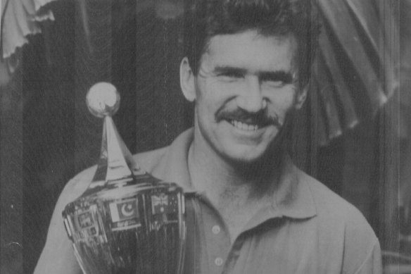 Victorious Australian captain Allan Border with the trophy after winning the Cricket World Cup in 1987.