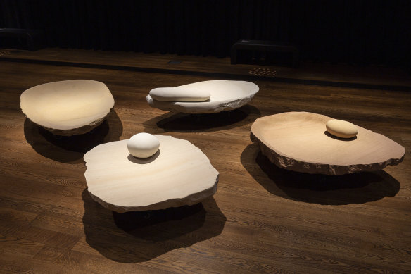 Untitled walam-wunga galang (grindstones) by Jonathan Jones with Dr Uncle Stan Grant Snr.