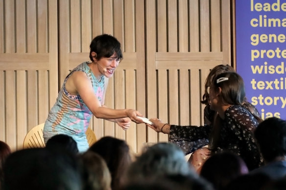 Yael Stone receives a tissue on stage at the All About Women Festival on Sunday March 8, 2020. 
