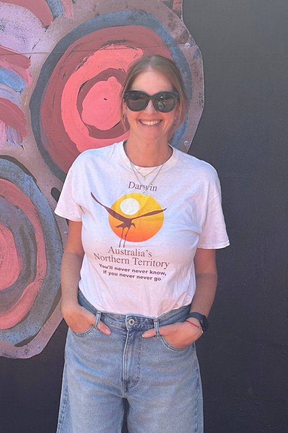 The writer wearing her late father’s retro Northern Territory T-shirt.