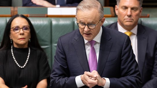 Prime Minister Anthony Albanese speaks on the Voice to parliament on Thursday.