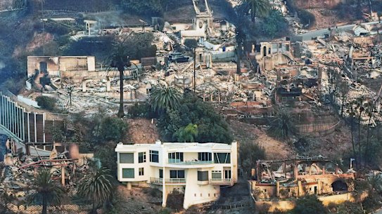 The devastation from the Palisades Fire is seen from the air in the Pacific Palisades neighbourhood of Los Angeles.