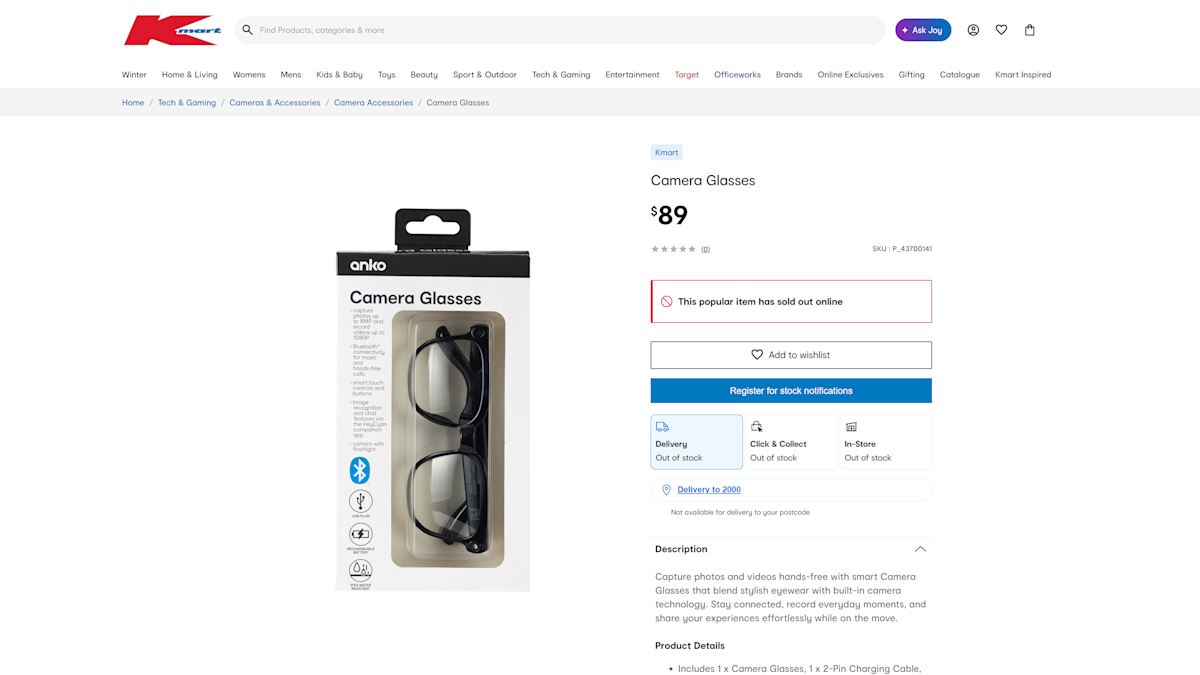 Kmart low-cost camera glasses sell-out amid privacy concerns