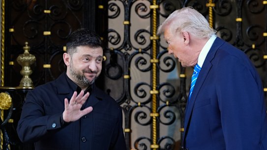 President Donald Trump greets Ukraine’s President Volodymyr Zelenskyy at his Mar-a-Lago club, Sunday