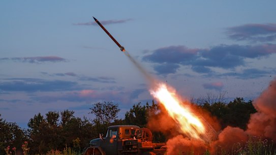 A Ukrainian army Grad multiple rocket launcher fires rockets at Russian positions in the frontline near Bakhmut, Donetsk region.