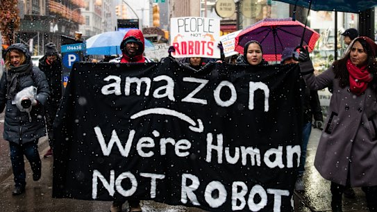 Amazon workers protest outside Jeff Bezos’ New York penthouse in 2019.