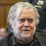 Steve Bannon, center, appears in Manhattan Supreme Court, Thursday, May 25, 2023 in New York. Bannon, the conservative strategist, will stand trial next May on charges he duped donors who gave money to build a wall on the U.S.-Mexico border, a judge in New York said Thursday. (AP Photo/Curtis Means via Pool)