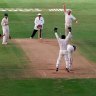 Shane Warne celebrates bowling Nasser Hussain, during the second day of the fifth Test at Trent Bridge, Nottingham