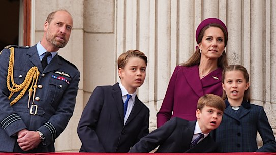 From left, Prince William, Prince George, Kate Princess of Wales , Prince Louis and Princess Charlotte on the balcony of Buckingham Palace to view the fly past featuring the Royal Air Force’s Red Arrows after a military procession marking the 80th anniversary of V-E Day, in London, Monday, May 5, 2025