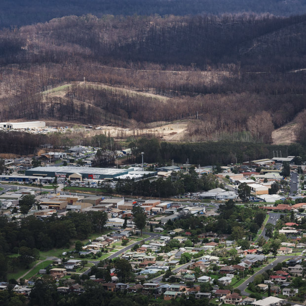 An aerial photo of bushfire affected areas on the outskirts of Batemans Bay on Wednesday taken from an MRH90 Taipan helicopter.