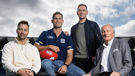 Tom Hawkins (second from left) on Tuesday at GMHBA stadium with fellow Cats icons Jimmy Bartel, Joel Selwood, and Ian Nankervis.
