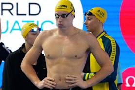 Australia prepares to race in the heats of the mixed 4x100m freestyle relay.