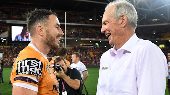 Happier days: Darius Boyd with then-Broncos coach Wayne Bennett in 2018.