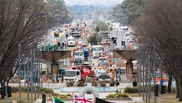 Stage one light rail construction, as seen from City Hill. 
