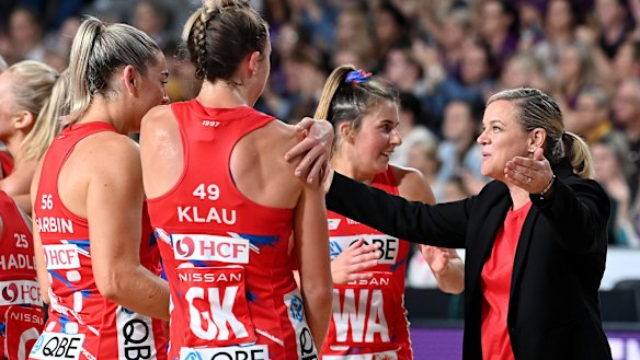 Briony Akle celebrates with the Swifts after their extra-time victory.