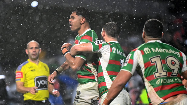 Tyrone Munro celebrates a try for the Rabbitohs.