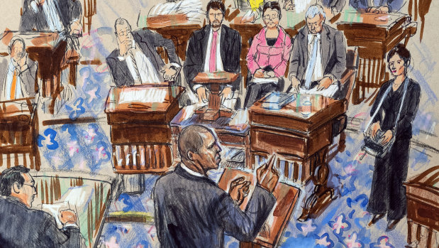 This artist's sketch depicts Democrat Hakeem Jeffries addressing the Senate during the impeachment trial of President Donald Trump on Friday.
