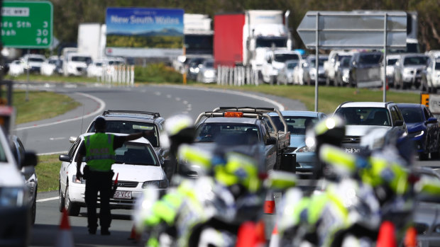 Traffic delays at the Coolangatta checkpoint on March 26 - when the interstate borders were first locked down.