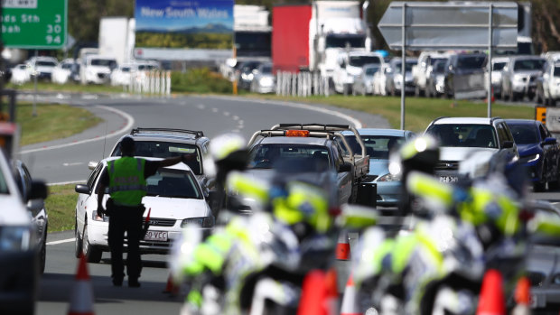 Traffic delays at the Coolangatta police checkpoint on March 26, when the interstate borders were first locked down.