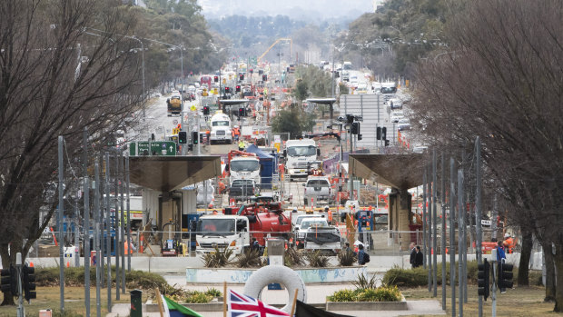 Stage one light rail construction, as seen from City Hill. 