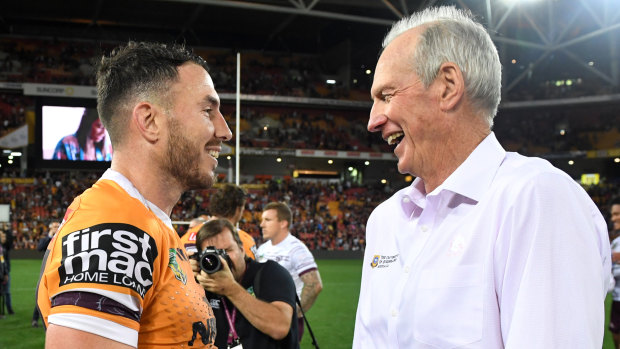 Former Broncos captain-coach partnership Darius Boyd (left) and Wayne Bennett in 2018 before the coach moved to South Sydney.
