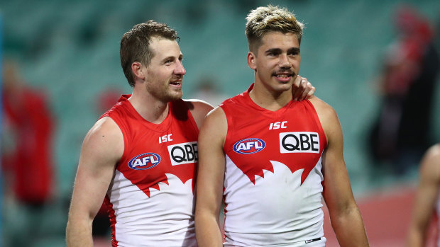 Harry Cunningham with Elijah Taylor after Sydney's round eight win over Hawthorn.