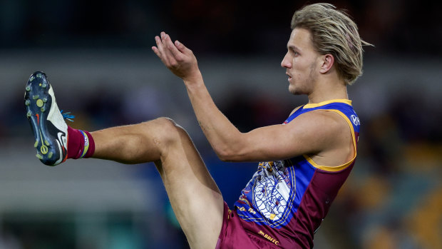 Kai Lohmann kicks a goal during the round 10 match between the Brisbane Lions and the Richmond Tigers at The Gabba on May 18.