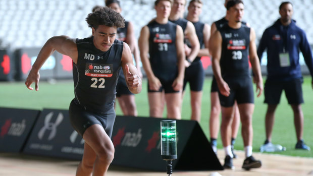 Priority access: Isaac Quaynor in action during the draft combine.