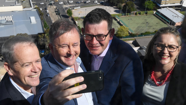 Federal Opposition Leader Bill Shorten, federal MP Anthony Albanese, Premier Daniel Andrews and Public Transport Minister Jacinta Allan announcing joint funding for the suburban rail loop plan. 