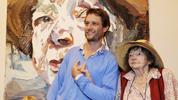 Ben Quilty with Margaret Olley in front of Mr Quilty's portrait of Ms Olley that took out the Archibald Prize in 2011.