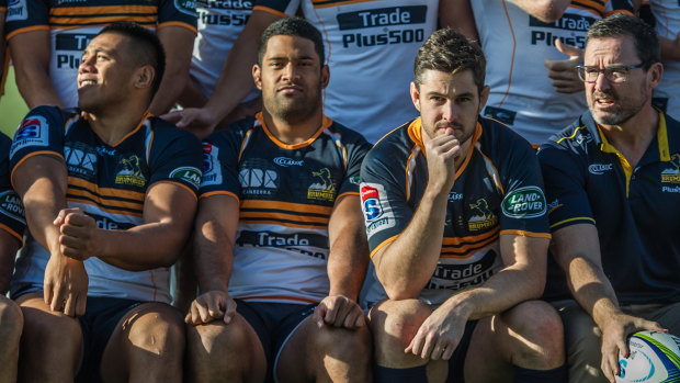 Scott Sio (second from left) is set to miss the Brumbies' last game of the season.