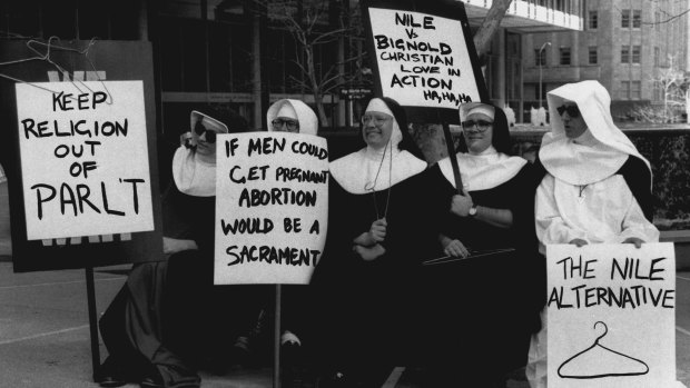 These "nuns" made their anti-abortion bill message clear, marching from Town Hall to Sydney Hospital.
